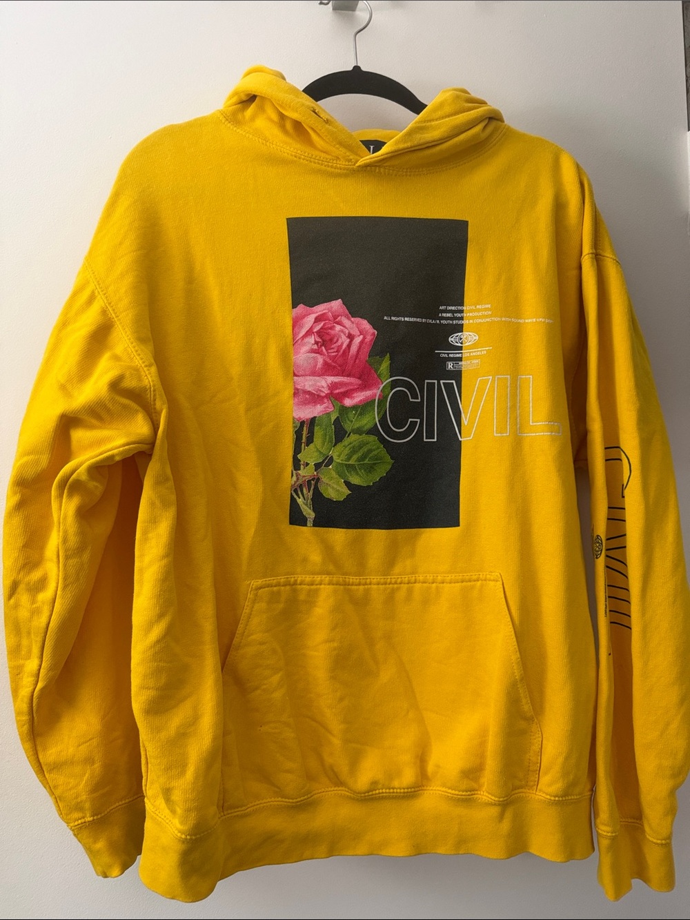 Yellow CIVIL Hoodie with Pink Rose Graphic